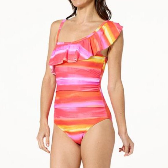 Kathy Ireland Pink Orange Ombre Ruffle One Shoulder Swim Suit Bathing Suit 10 - Picture 1 of 2